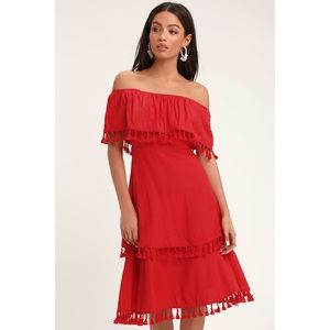 Lulus Red Off-the-Shoulder Tasseled Midi Dress - S